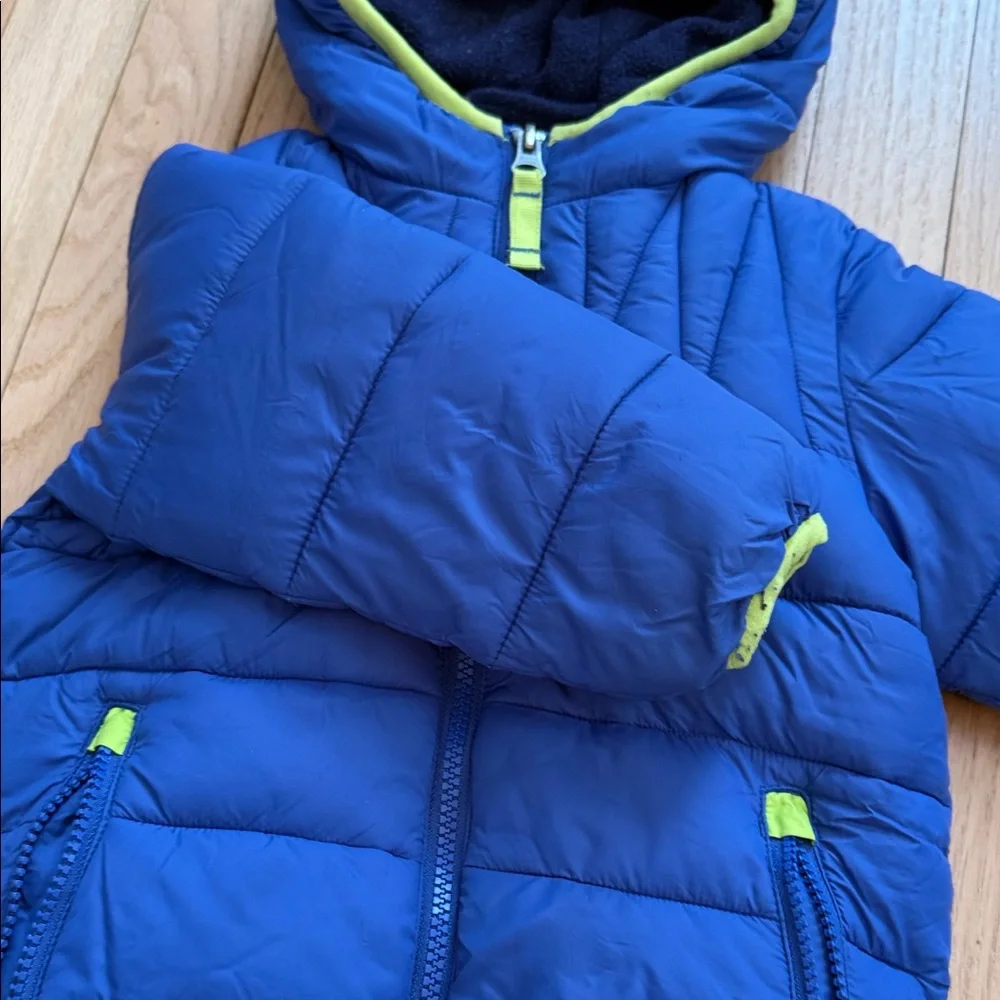 SNOZU Toddler Blue & Neon Green Hood Puffer Fleece Lined Jacket with Double Zip